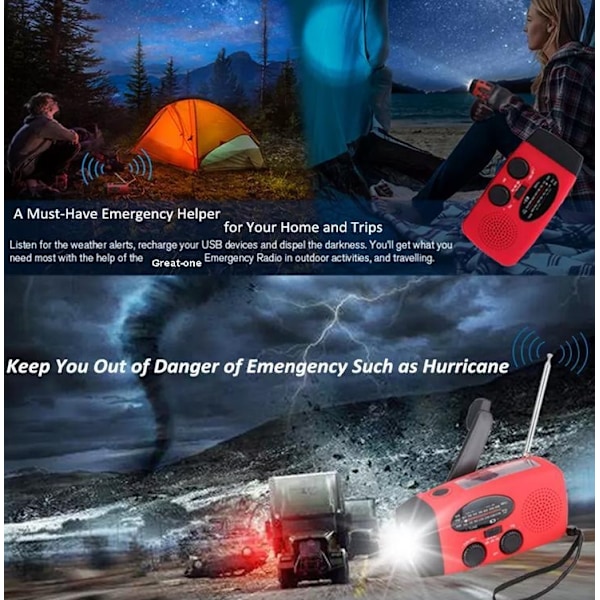Crank Radio med Solceller, Ficklampa och 2000mAh Powerbank Nödradio, Överlevnad