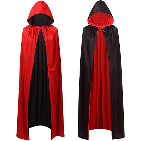 Halloween Vampyrkappa, Vändbar Svart Röd Huvad Kappa för Kvinnor Män Barn Halloween Karneval (140cm) 140cm