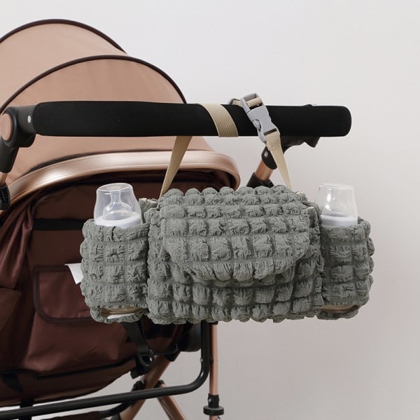 Baby Cart stelleveske Organizer, med koppholder, klar til å oppbevare baby, med lomme, anti-skli vognkrok og justerbart belte, grå