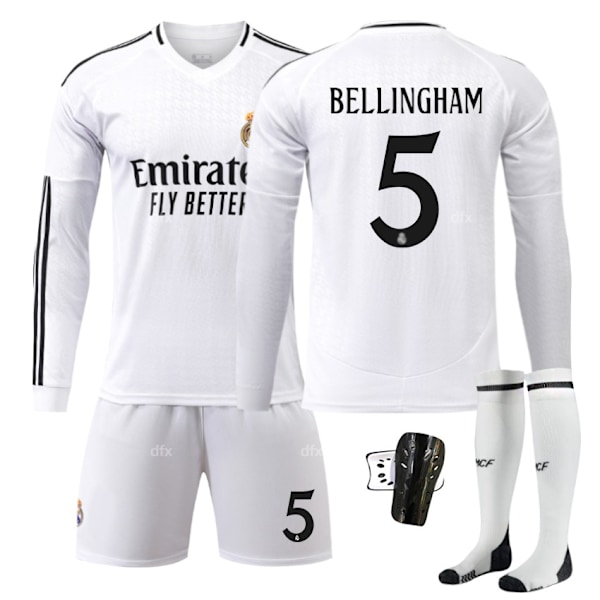 Real Madrid Barn Hemmaställ 2024-2025 Höst & Vinter Nr 5 Strumpor + Skydd 22 BELLINGHAM No 7 strumpor + skydd No 7 socks + Guard 22