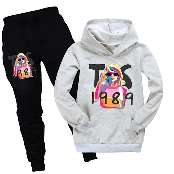 Taylor Swift Pullover Hoodie Topp & Byxor Set för Barn Flickor - Sweatshirt Träningskläder Grå Grey 160cm