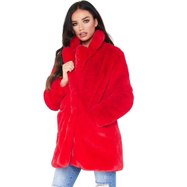 Dam Varm Vinterjacka i Konstpäls med Foder och Knappar Kappor Röd Red XL