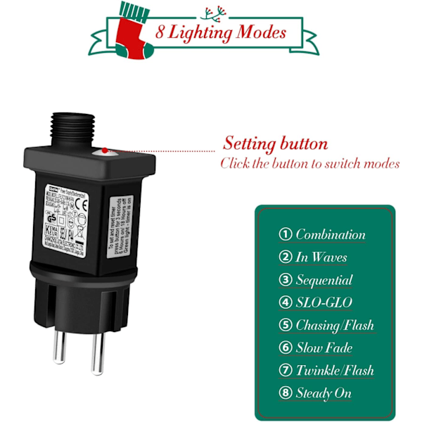 Transformatorplugg for julelys, 31V LED strømforsyning med timer, minne, 8 moduser, IP44 vanntett strømforsyningskontroll for juletre