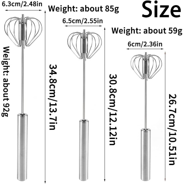 3 stk. Halvautomatisk piskeris, æggepisker i rustfrit stål, manuel piskeris, trykpiskeris, roterende mixer, æggepisker, til madlavning, blanding, omrøring