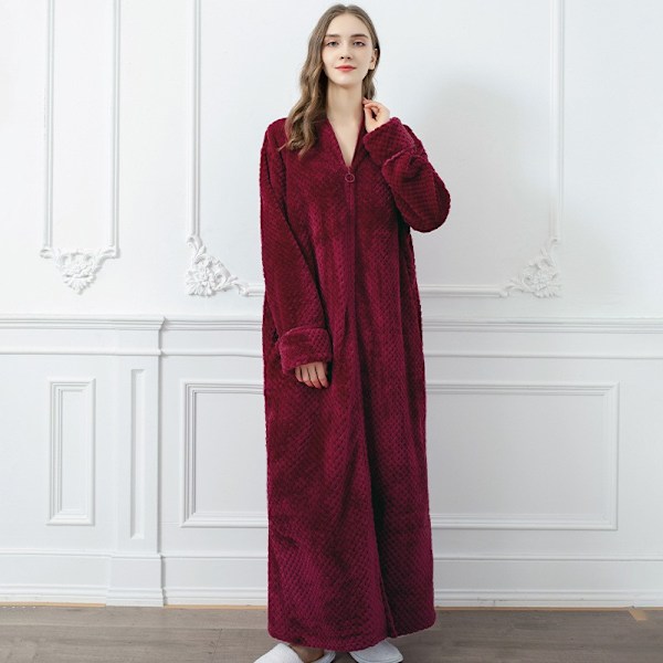 Glidelås Morgenkåpe for Kvinner Flanell Fleece Kåper Vintervarm Huskåpe Nattkjole Vinrød Wine Red L