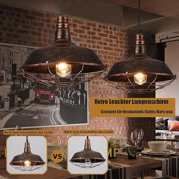 Industriell Pendellampe, Retro Pendellampe i Metall, Lampeskjerm, E27 Baslampe (Pære ikke inkludert), Industriell Taklampe for Restaurantkjøkken, Ø26CM (Brun)