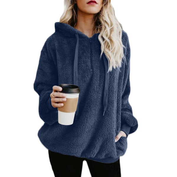 Blød og fluffy sweatshirt til kvinder, efterår og vinter, varm lynlås op hættetrøje pullover med L L Royal Blue