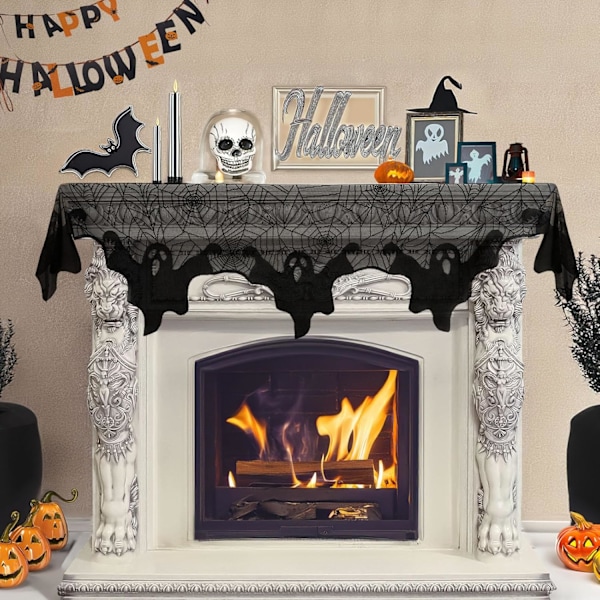 Halloween Dekoration Svart Spets Spindelväv Kamin Mantel Sjal Omslag Festliga Festtillbehör 21x79 tum 55x200cm