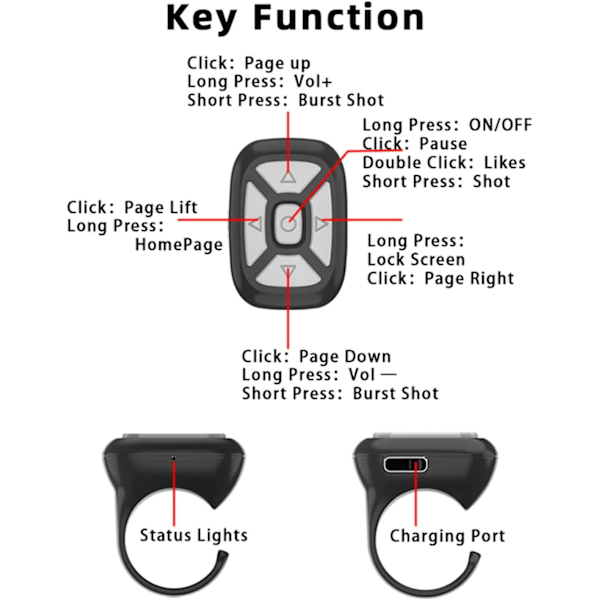 Mobiltelefon fjernkontroll, mobiltelefon Bluetooth ring fjernkontroll for Iphone smarttelefoner nettbrett