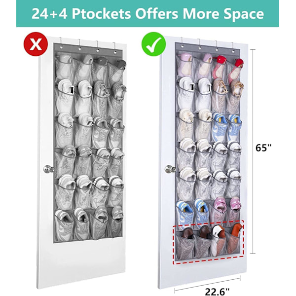28 Store Lommer Over Dør Skooppbevaring Organizer Garderobe Skohylle Nett Hengende Oppbevaring Skobhenger Holder Organizer Grey