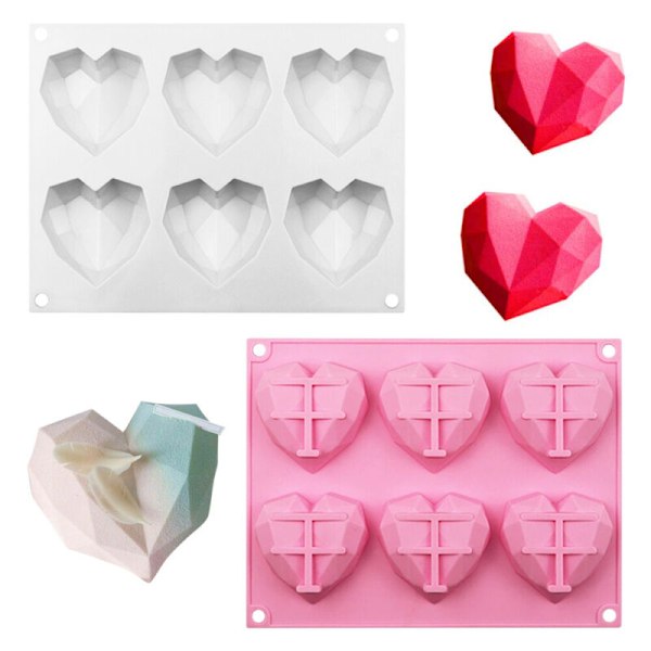 6-Hulls 3D Silikon Hjerteform for Kake, Sjokolade og Baking Pink-1pcs