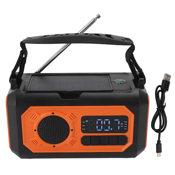 12000mAh Nødradio med Håndsving, Solceller, Lommelygte, Læselampe, Kompas, Telefonoplader, Bærbar Radio AM FM NOAA