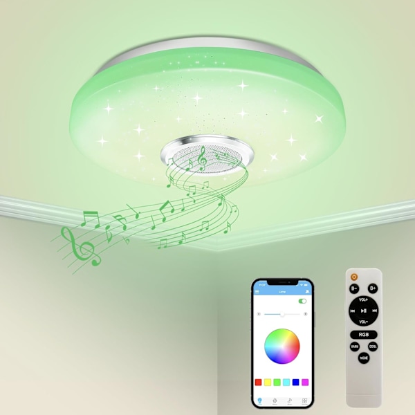 36W dimbar LED-taklampe, Bluetooth-høyttaler, lys med fjernkontroll/app-kontroll, RGB-fargeendring, taklampe for