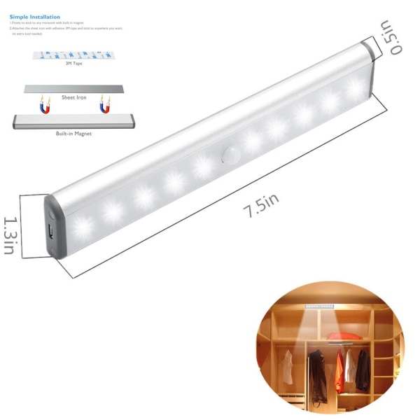 Bärbar liten lampa Trådlös LED under skåpbelysning 10-LED rörelsesensor aktiverad, laddningsbara magnettejplampor för garderob, skåp