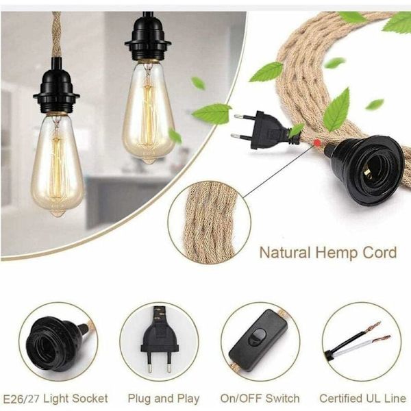 Vintage Hamp Rep Pendel Lyssett med Bryter, DIY E27 Enkelt Hode Hengekabel, Gyllen Bronse