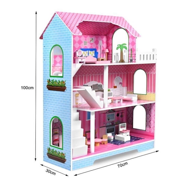 UISEBRT 3-vånings Barbie Dockhus i trä, stort dockhus med möbler och tillbehör (70 x 36 x 100 cm) ros + blå