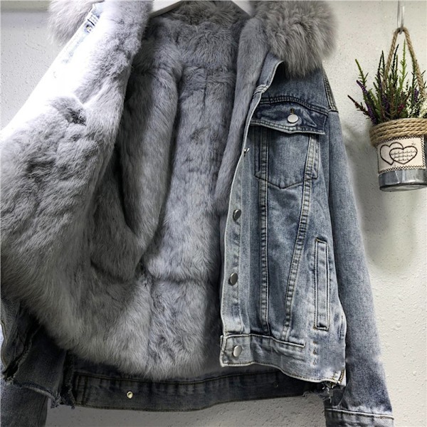 Dam Denim Fleece Tykk Vinterjakke Avtakbar Bomullsdenimjakke Fôret Jakke Jeans Med Pels Varm Vinterjakke Hetteskjerf Yttertøy M