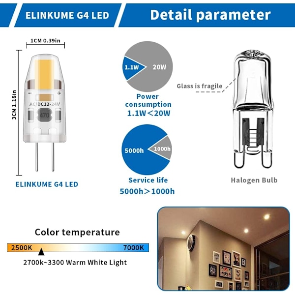 10 stk LED G4 dæmpbare pærer, 2W, varm hvid, AC/DC 12-24V - Perfet