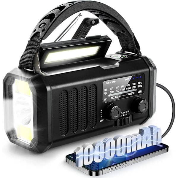 10000mAh Nødoverlevelsesradio med solcelle- og håndsveivlader[JUN]