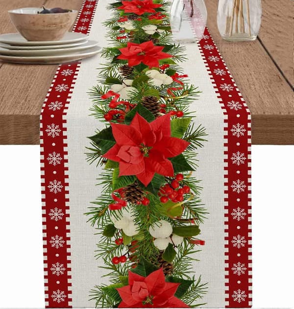 Rød Rustik Julebordløber med Snefnug & Stjerner, 33x183 cm [JUN]