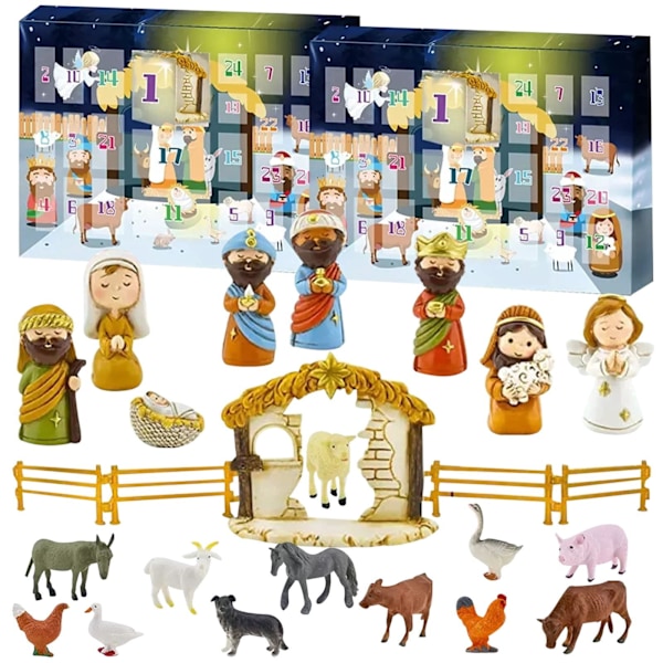 Adventskalender til Julekrybben 2023 - 24 Dele Julekrybbe Sæt, Nedtællingslegetøj til Børn fra 3 År