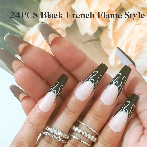 24PCS Kista Press On Nails Svart Franska Långa falska naglar False N