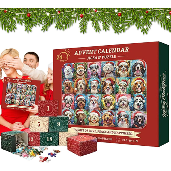 Hunde-puslespill Julekalender, Juleräknedagspuslespill for Hunder, Hundepuslespill Julekalender, God Jul Hundepuslespill Julekalender 1000 Brikker