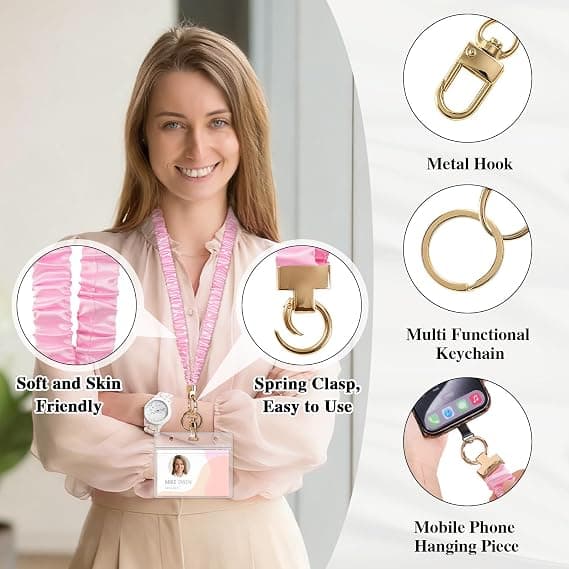 Scrunchie-nøglesnor til ID-kort, udtrækkelig elastisk hårbånd-nøglesnor med gennemsigtig ID-holder, sød mode-lærernøglesnor til kvinder Pink