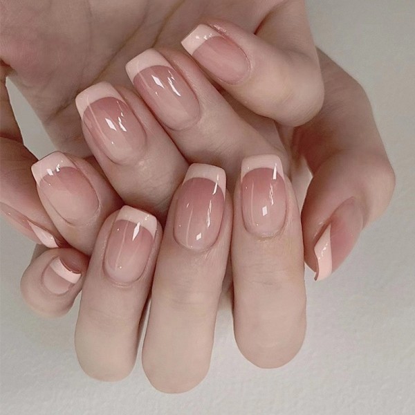 Tryck på naglar Korta franska tips Fure Nails Square Pink