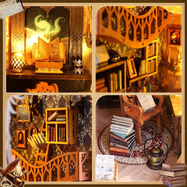Miniatyr Trähus Kit med Möbler & LED-lampor - DIY Bokhörna [JUN]
