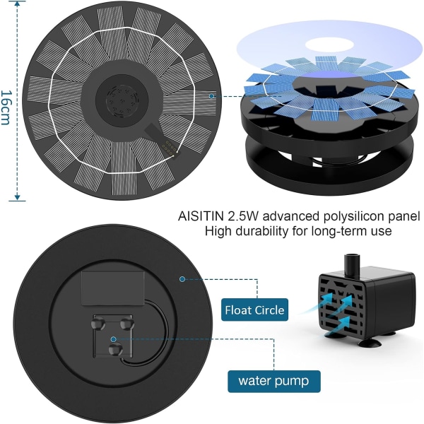 3,5 W flytende solfontene utendørs, soldrevet pumpe og 6 munnstykker, for fuglebad, akvarium, hagefontene