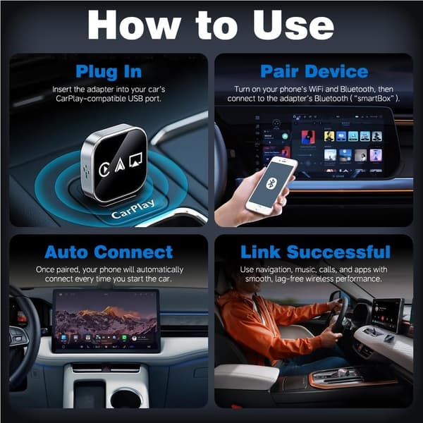 Trådløs CarPlay- og Android Auto-adapter for iPhone- og Android-telefoner [JUN] black