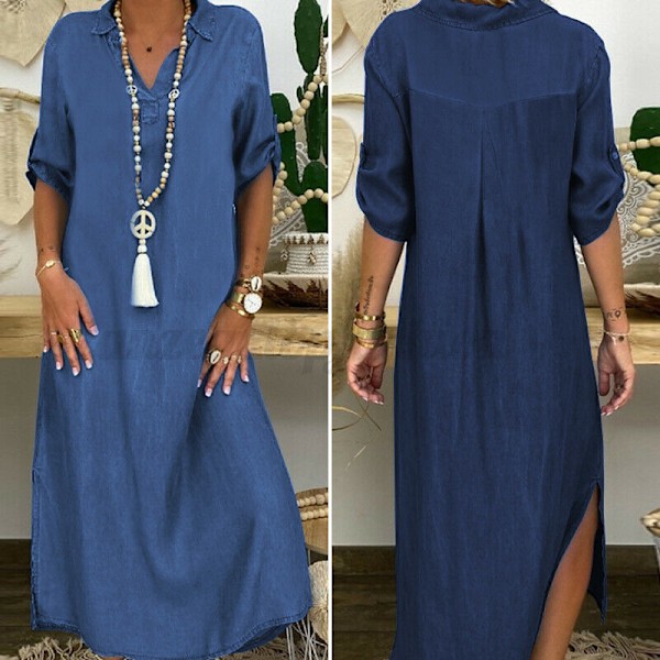 Sommarklänning i denim maxi för dam, mörkblå avslappnad långklänning, födelsedagspresent till mamma fru, 4XL[JUN] Deep blue 4XL