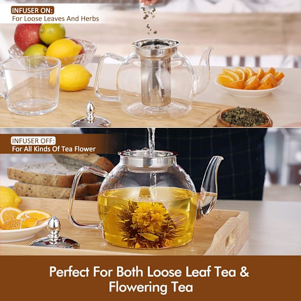 1000ml glas tekande med aftagelig infuser, ovnsikker tekande
