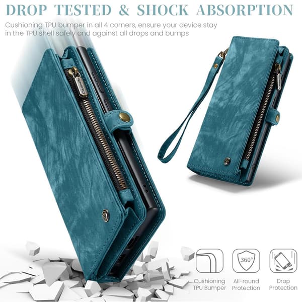 Retro Læder Wallet Case med Kortholder til iPhone 16 & Samsung, Magnetisk Flip Cover[JUN] Blue iPhone16 Plus