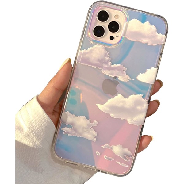 Telefonhårdskal Kompatibelt med iPhone Case Slim Crystal Clear Holographic Vit Moln Kvinnor Flickor, Hård PC Stötsäker Skyddande Design iPhone 13 Pro Max