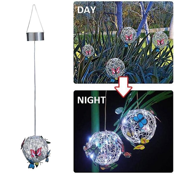 Udendørs solcelledrevne lamper, farverige havelamper med sommerfugle, hængende rund kuglelampe, vandtæt vævet lampe dekorative natlamper (ZYH) Clear White
