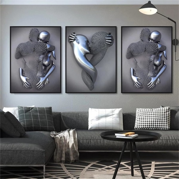 Set av 3 modern konst affischer, 3D Metal Figur Art Love Heart