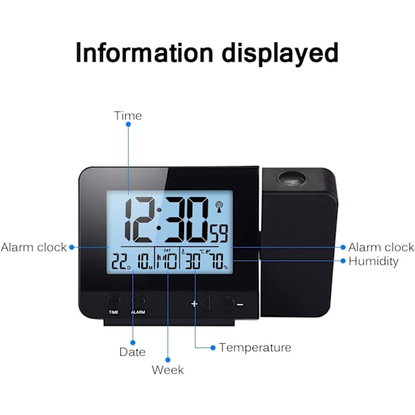 Projektionsur, Digitalt Vækkeur, LED Display Projektorur med Baggrundsbelysning Snooze, 2 Alarmlyde (Sort)