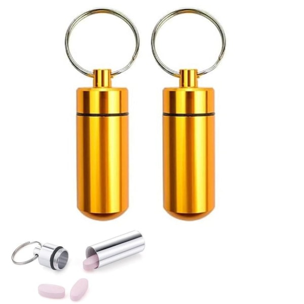 2-pack Pill Box metall med nyckelring vattentät guld guld