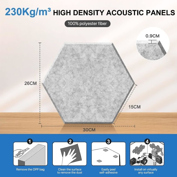 Hexagon akustikpaneler med klistermärken, 12 st, hög densitet