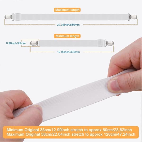 8 Pcs Sheet Clips, Adjustable Sheet Holders, High Elastic Fitted Sheet Straps with Clips, Sheet Fasteners Max Stretch 120cm White
