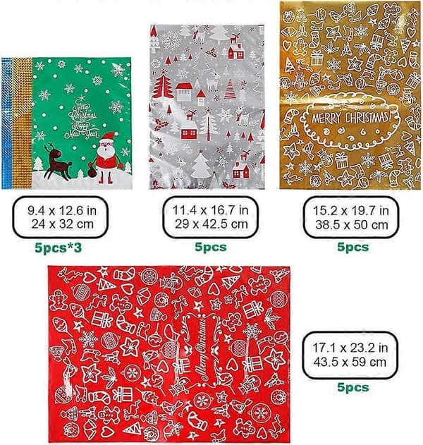 30 julklappspåsar med dragsko - Blå & Gröna Mylar-presentpåsar (S/M/L) [JUN]