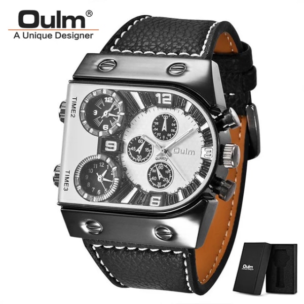 Oulm Klockor Herr Quartz Casual Läderarmband Armbandsur Sport Multi-Time Zone Militär Man Klocka C2(with box)