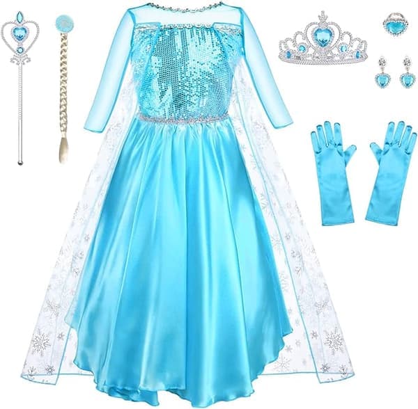 Elsa Flickdräktset med Krona Tiara Handskar Trollstav 140cm[JUN] color