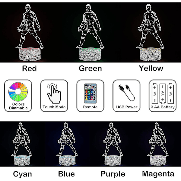 Portugal Fodboldspiller Ronaldo #7 Natlampe til drenge, 16 farveskiftende dæmpbar med fjernrum Fodboldindretning, bordlampe til fodboldfans børn T