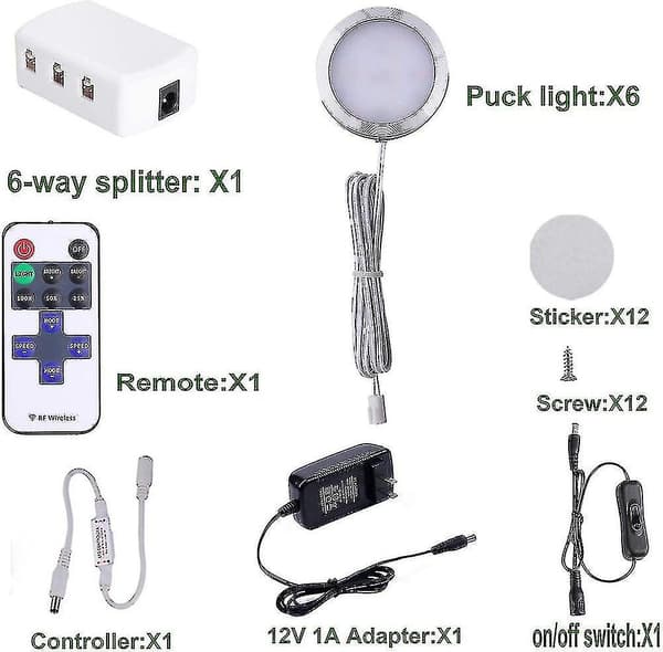 12V Dimbar LED Puck Lys Kit, 6 Slanke Aluminium Underskap Lys [JUN]