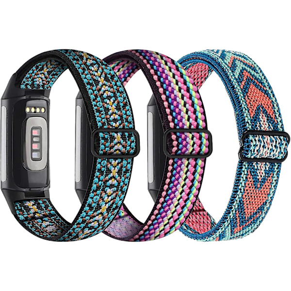 3-pack elastiska nylonband för Fitbit Charge 5 - Justerbara, andningsbara ersättningsband i tyg