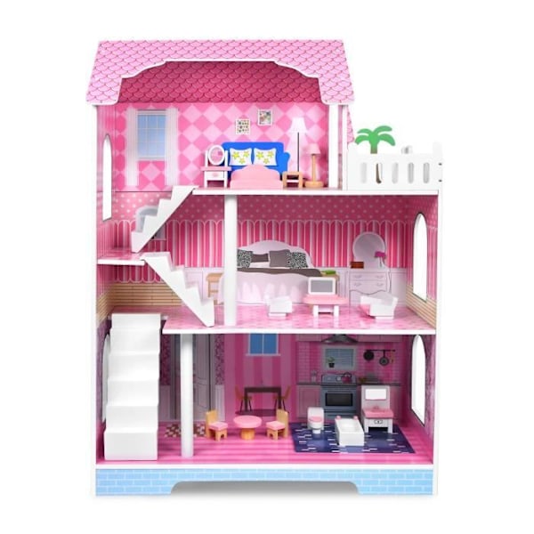 UISEBRT 3-vånings Barbie Dockhus i trä, stort dockhus med möbler och tillbehör (70 x 36 x 100 cm) ros + blå