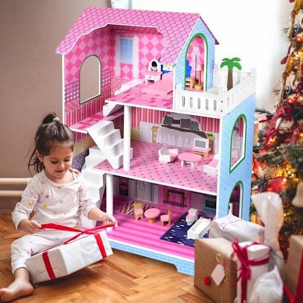 UISEBRT 3-kerroksinen Barbie-nukkekoti puusta, suuri nukketalo huonekaluilla ja tarvikkeilla (70 x 36 x 100 cm) ros + blå